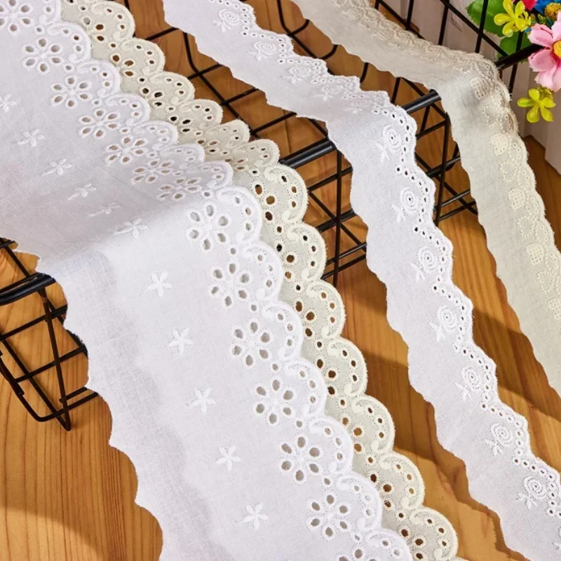 Cotton Embroidered Lace Fabric for Bedding and Curtain, Sewing Materials, Handmade DIY, Lace Trim, Off White Beige, 3Yards