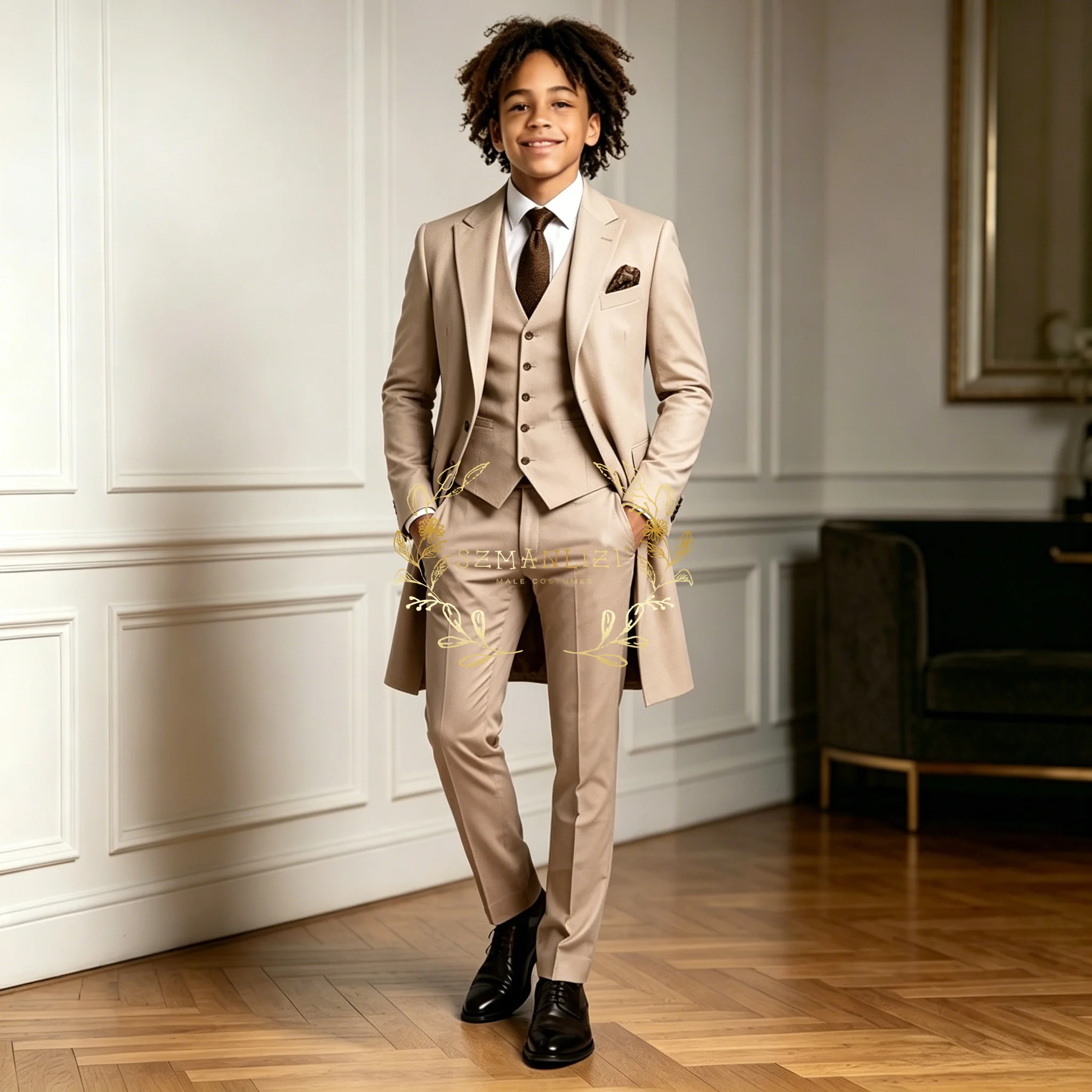 Premium Light Green Boys Formal Suit Sets 3 Pieces Long Jacket Vest Pants Occasion Wear For Wedding Party Banquet Performance