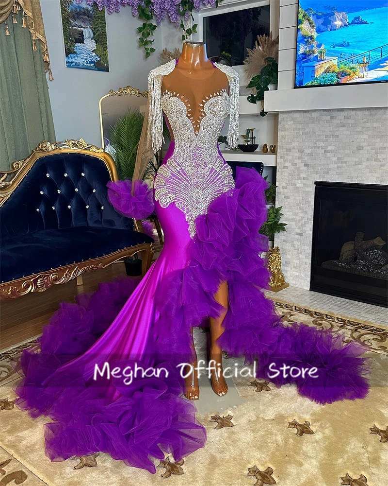 

Purple O N Tassel Long Prom Dresses Black Girl Bead Crystal 2025 Birthday Luxury Dress Ruffles Split Gown Full Sleeve Customized