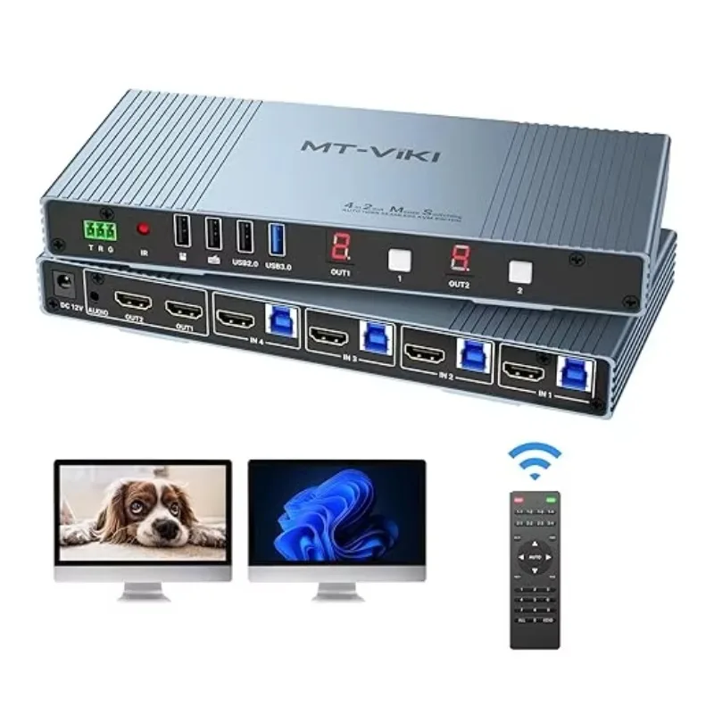 4K Seamless KVM HDMI Matrix Switch 4 in 2 Out Mouse Switching 3.5mm Audio IR Remote, 4K 30Hz, Support EDID+Hotkey+RS232