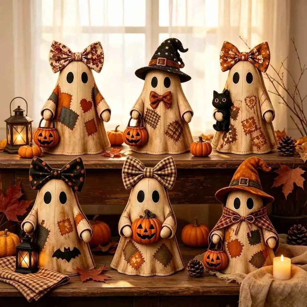 Handmade Wooden Ornament Double-Sided Printed Vintage Distressed Tabletop Ornament Rustic Pumpkin Bucket Ghost Figurine