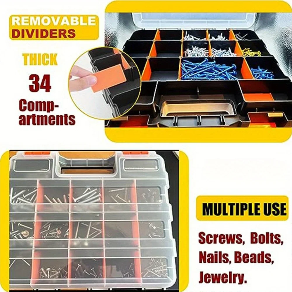 Double Side Tools Organizer Customizable Removable 34-Compartment Hardware Box Storage Excellent for Screws Nuts Small Parts