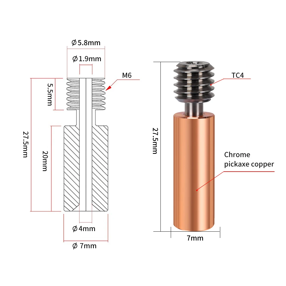 Bimetaal CR10 Heatbreak Titanium Legering Warmte Breken Keel 1.75mm Koper Plating Buis Voor Ender 3 CR-10 Hotend 3D printer