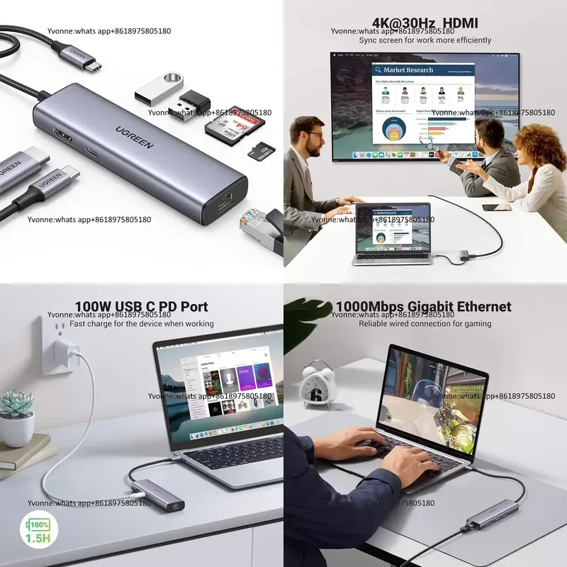 UGREEN 7 in 1 USB C Hub 4K Multiport Adapter 1Gbps Ethernet 100W PD 2 USB 3.0 SD/TF USB C Dongle for Laptop