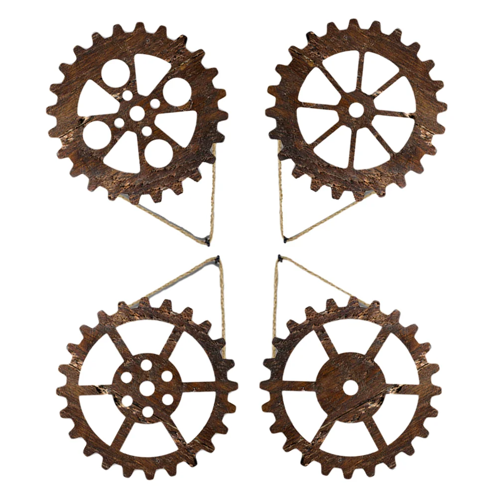 

4 Pcs Retro Gear Wall Hanging Pendant Decor Wood Vintage Ornaments Wooden Decorations