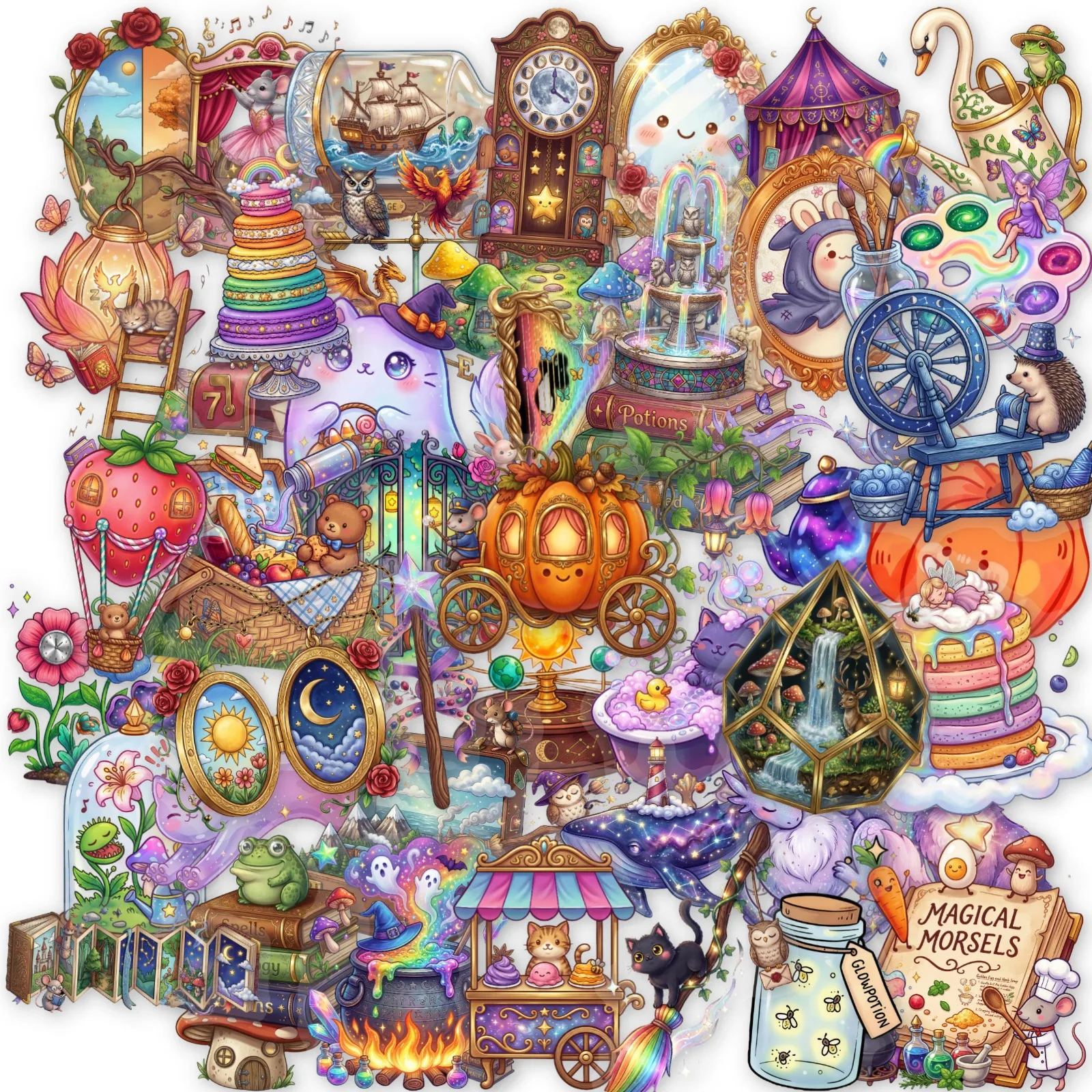 50 PCS Dreamy Magic Stickers Fairy Tale Fantasy Elf Witch Castle Transparent Waterproof DIY Phone Case Guitar Scrapbook Decals