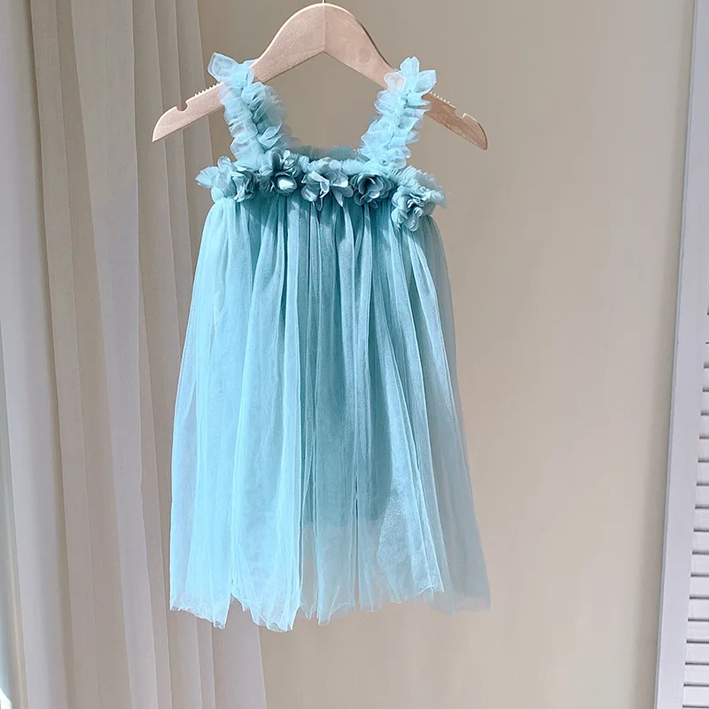 Sweet Baby Girl Clothes Three-Dimensional Flower Solid Colour Sling Baby Dresses Cute Baby Girl Dress Birthday Princess Frock