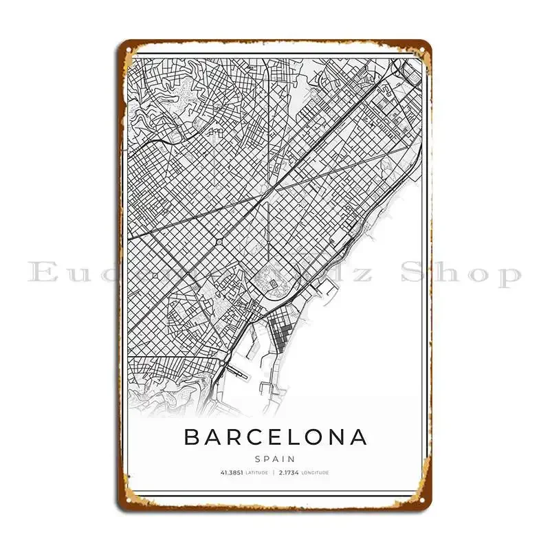 Mapa de la ciudad de Barcelona, placa metálica, póster, diseño de cine, garaje, cartel de metal divertido