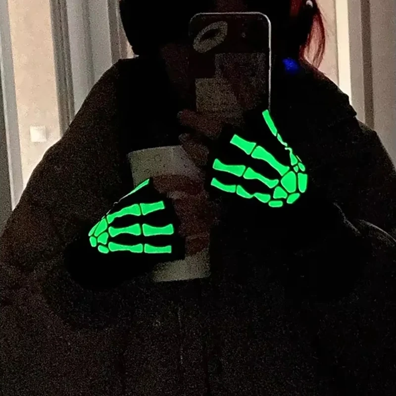 Moda halloween inverno luvas mais quentes luminosa horror crânio osso esqueleto metade dedo luvas cosplay novidade unisex luvas
