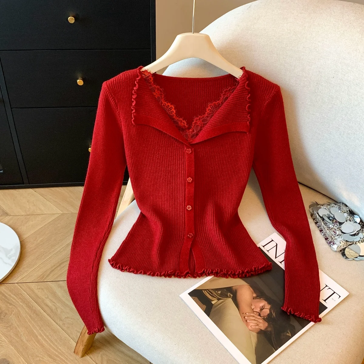 

Spring 2026 Slimming Gentle Sle Knitted Sweater Women's Lace Splice Collar V-ne Long Sve Soft Korean Faion Knitwear