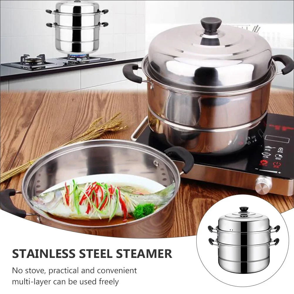 1pc Three Layer Steamer Pot Stainless Steel Anti Corrosion High Temperature Resistance Steam Cooker Large Capacity High