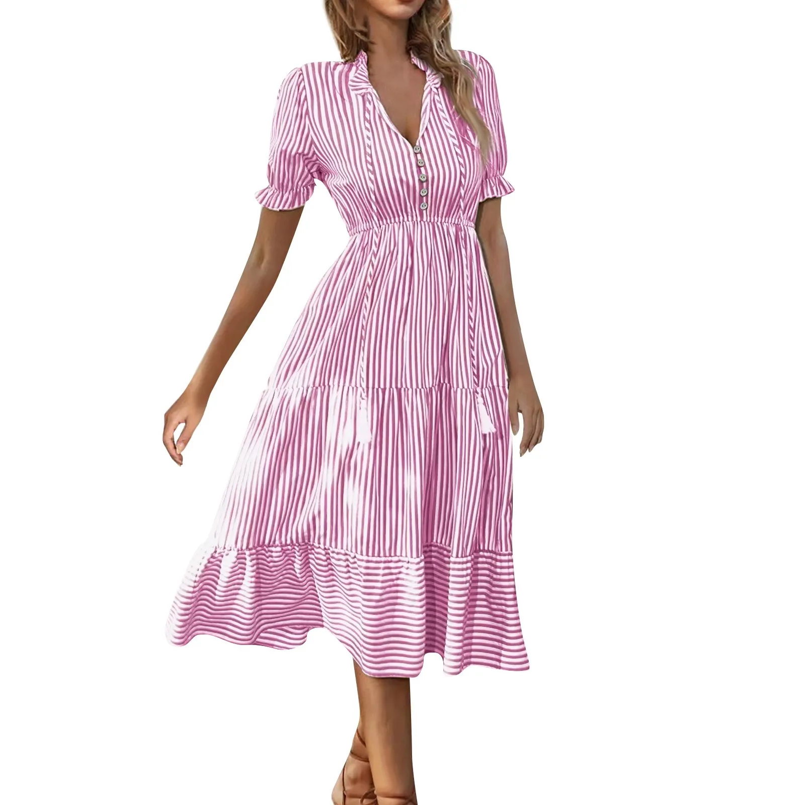 Women'S Striped V-Neck Dresses Summer New Elastic High Waist Short Sleeve Swing Dress Daily Date Vacation Matching Dress