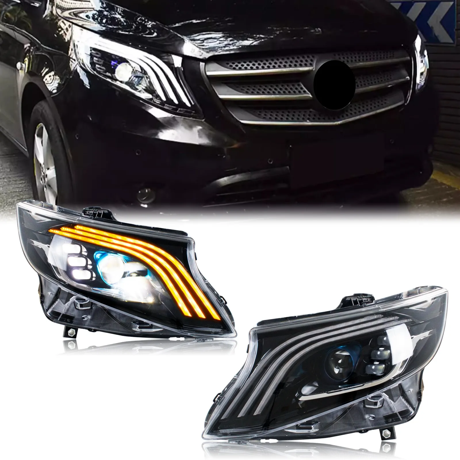 

Светодиодные фары для Mercedes Benz Vito Metris 2016-2023, пара последовательных мигалок, проектор, передние лампы E-Mark в сборе