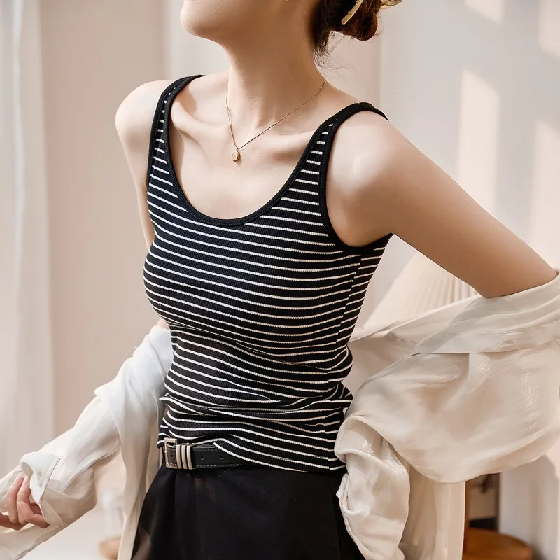 夏用の女性用コットンストライプキャミソールベスト、Uネックスリムフィット、着痩せ効果、アウターのベースとして