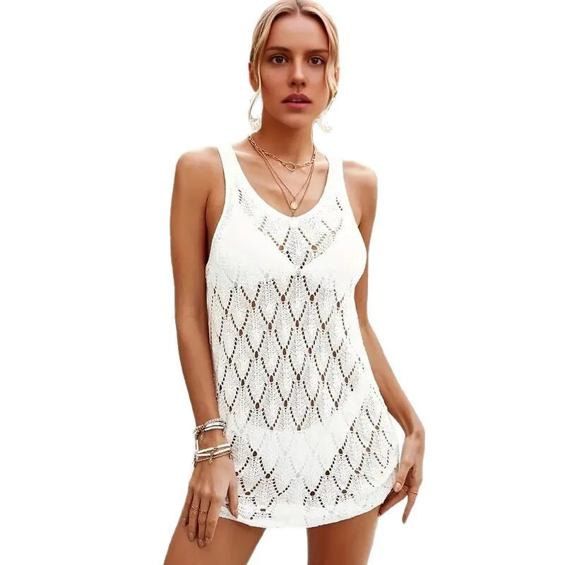 Novedad de verano, falda de Color sólido para mujer, Bikini de playa calado de punto Sexy, traje de baño para cubrir, ropa de protección solar