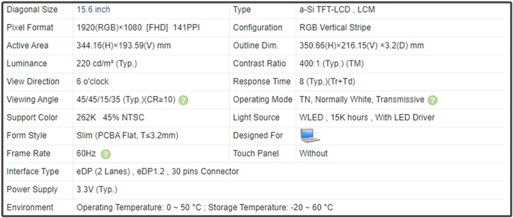 B156HTN06.2 15.6 inch Laptop LCD Screen TN Panel FHD 1920x1080 45% NTSC 60Hz Non-touch