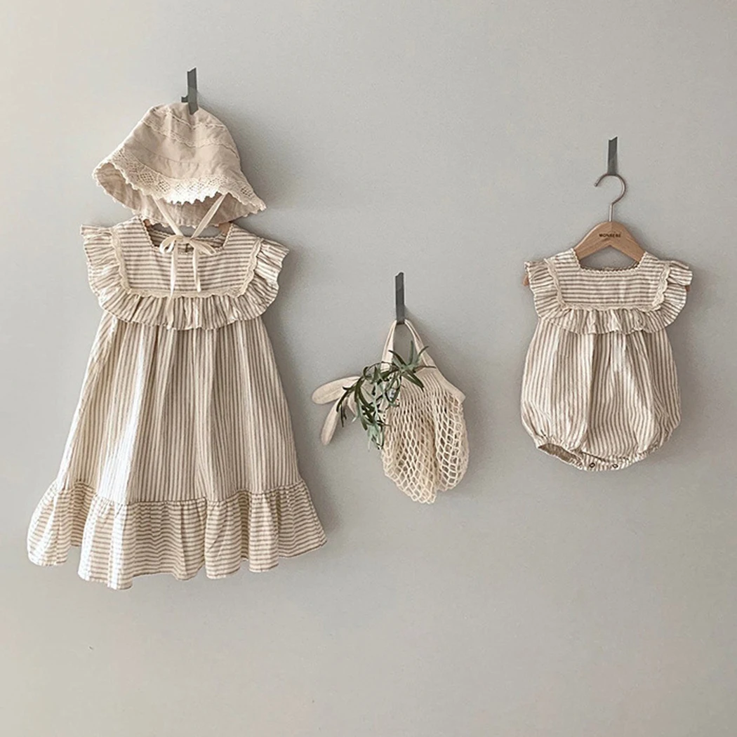 

Elegant Lace Collar Little Girls Strip Ruffle Dress & Rompers Korean Baby Sister Clothing Set Summer Toddler Girls Clothes