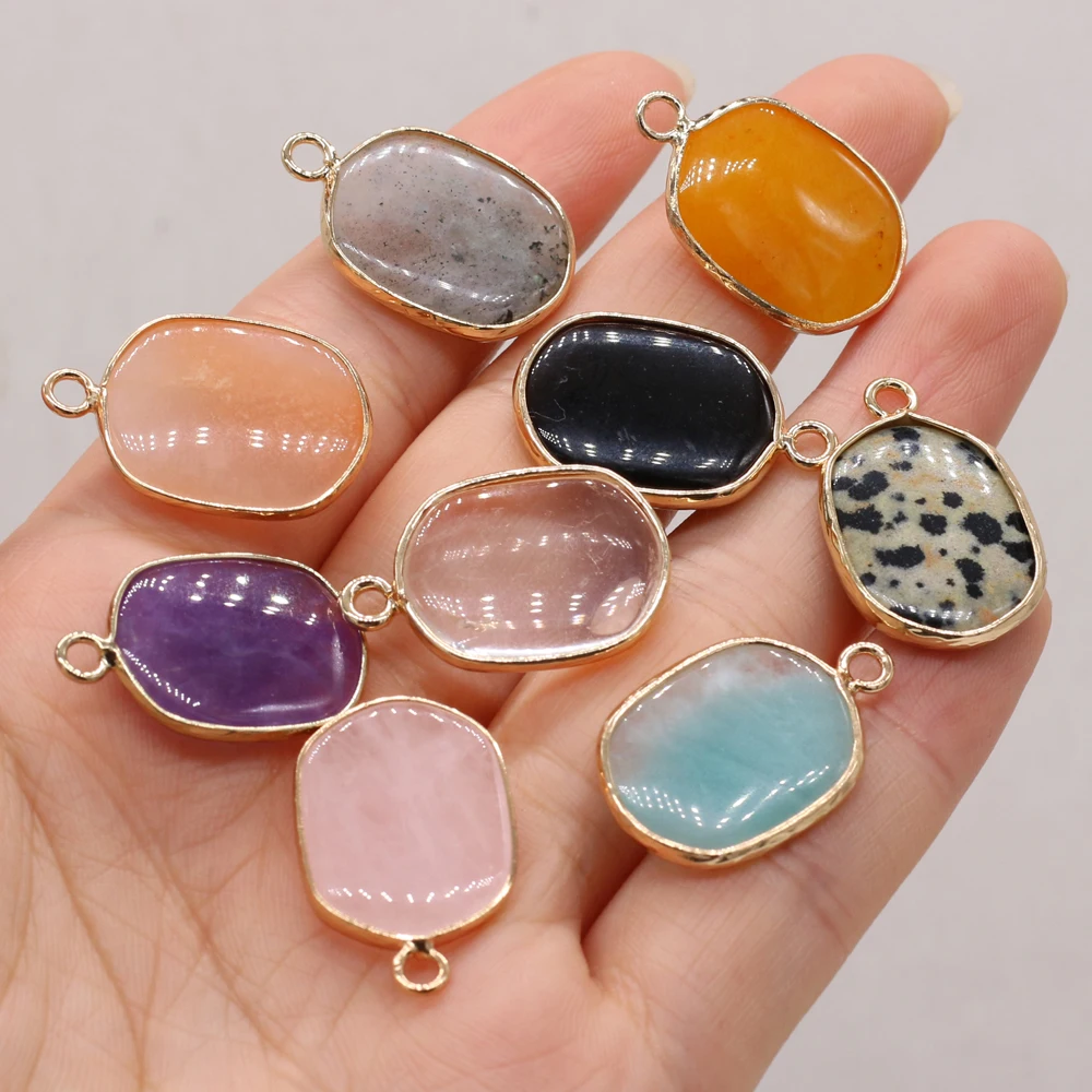 25x16mm Oval Shaped Gold Color Wrapped Pendant Natural Stone Crystal Agate Charms for Jewelry Making DIY Necklace Accessories