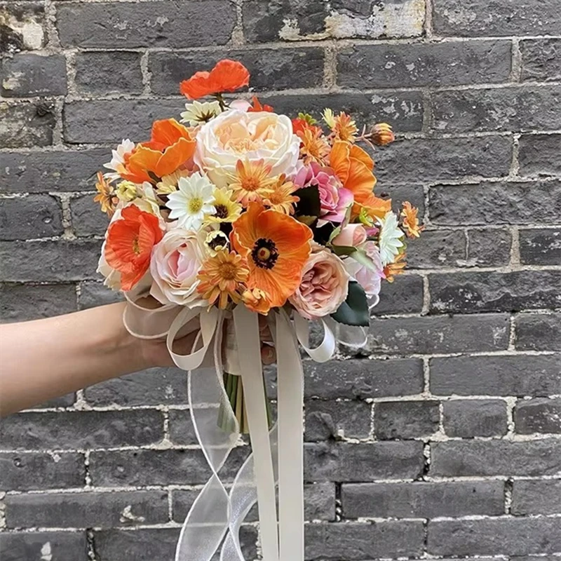 

JaneVini Burnt Orange Artificial Roses Peony Bridal Bouquets for Wedding Flowers Simulated Bride Bouquet De Novia Accessories