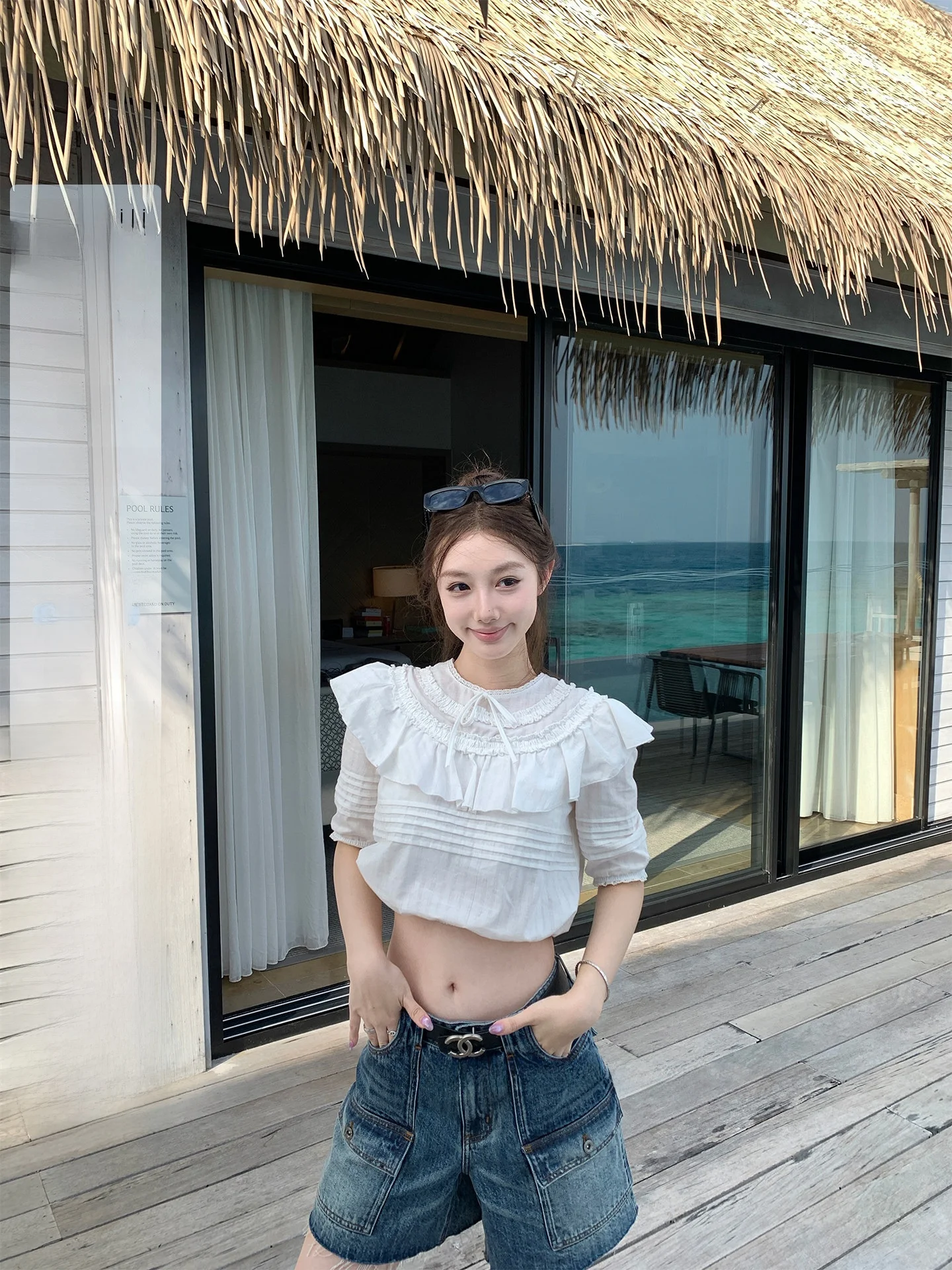 

Cotton Short Sleeve Shirt Women's Sweet Heart Design Ruffle Hem Doll Collar Top Breathable Casual Loose Fit Spring Shirt