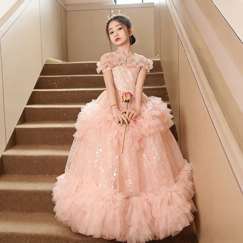 

L&P DQL Studio 2026 Pink Flower Girl Dress High Quality Sheer with Applique Shining Sequins Layers Tulle Organza Girls Party