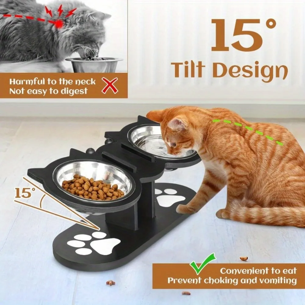 3-Tier Elevated Cat Bowl with Support Stands Wood & Stainless Steel Adjustable 15-Degree Angle Stand Slanted Pet Food Bowl view 3