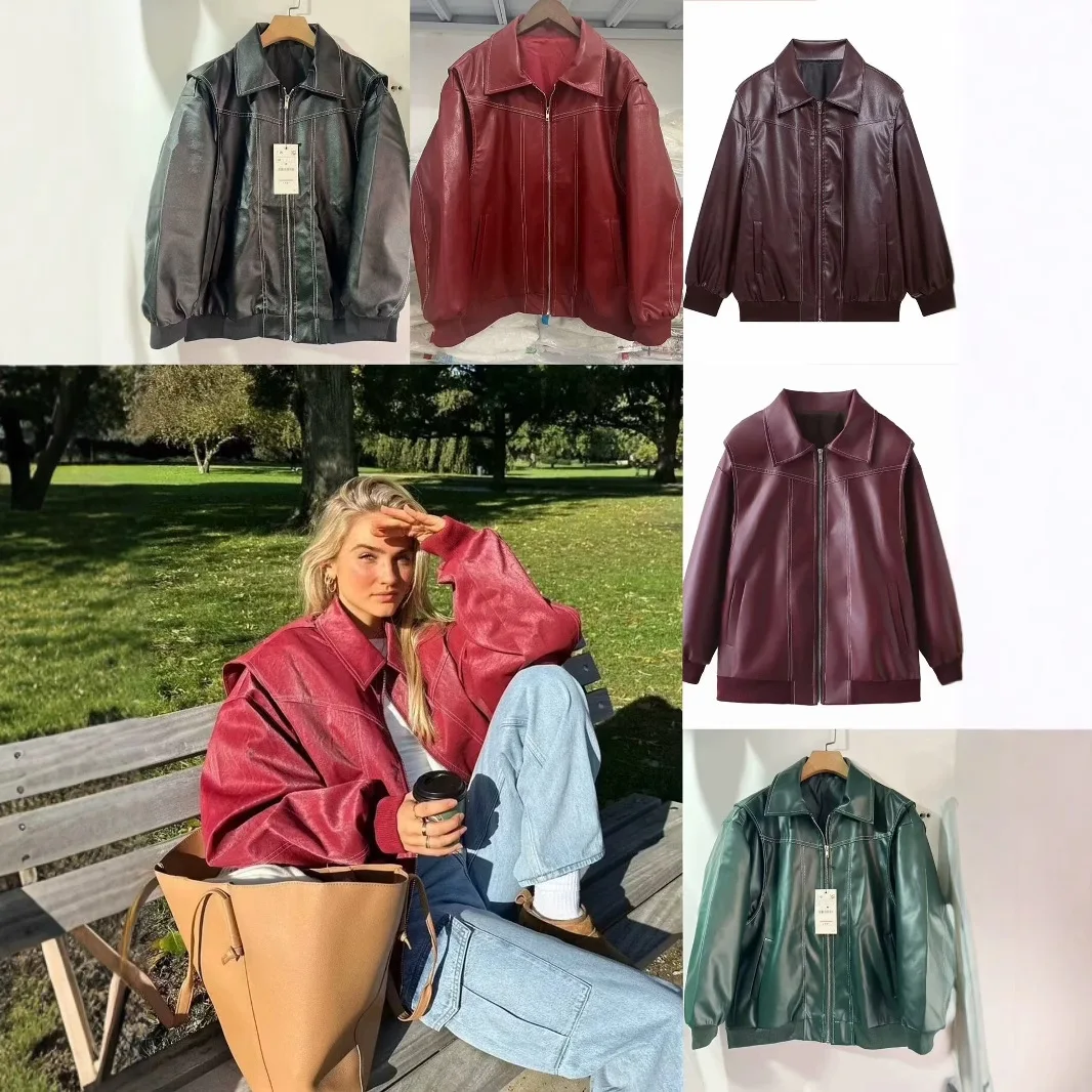 الأمريكية عادية خمر بولي Leather سترة جلدية معطف المرأة الخريف الشتاء جديد التلبيب سحاب أكمام طويلة معاطف الإناث موضة الشارع الشهير