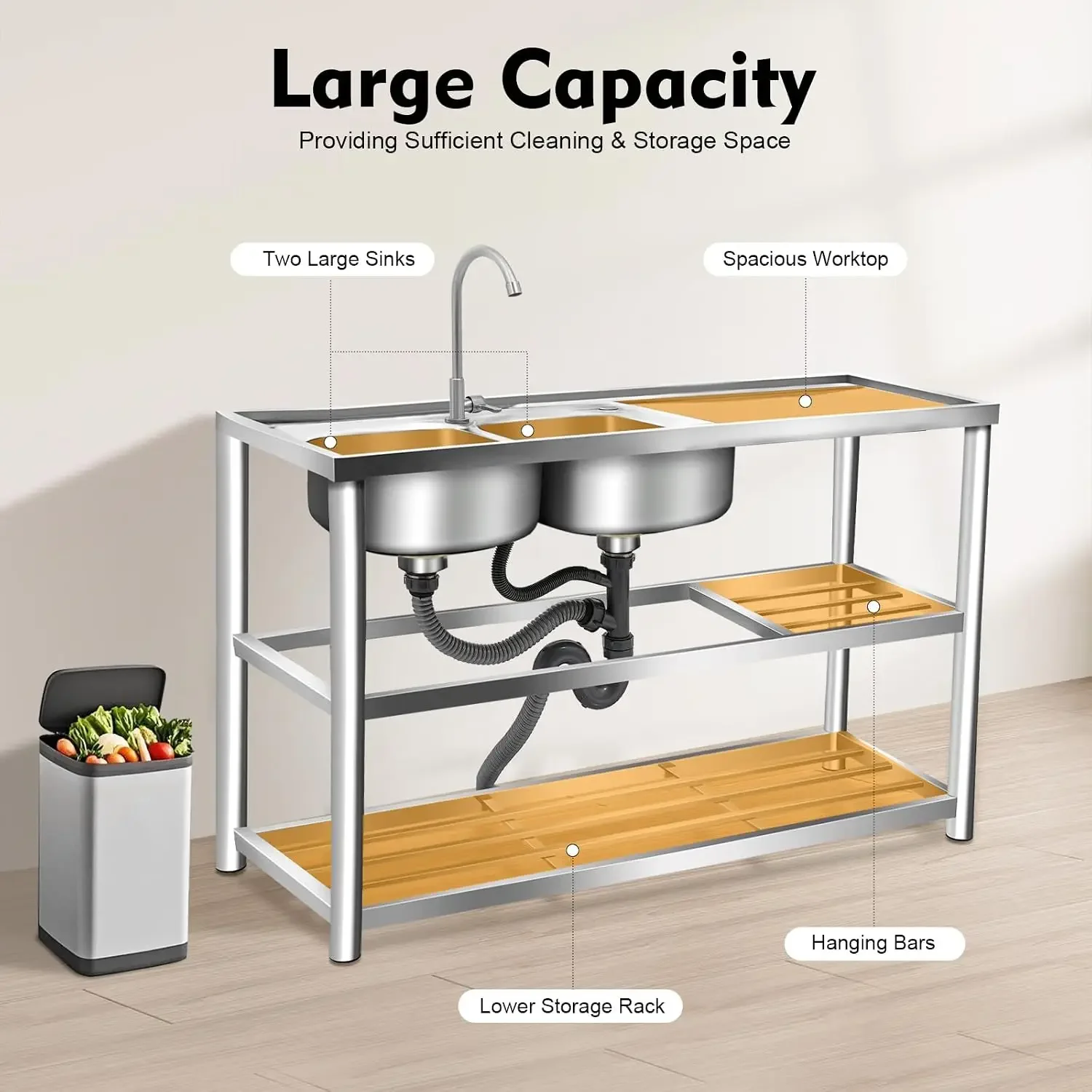 3 Tiers Freestanding Stainless Steel Sink, Double Bowl Commercial Restaurant Kitchen Sink Set Indoor Outdoor Kitchen Sink and Ca view 3