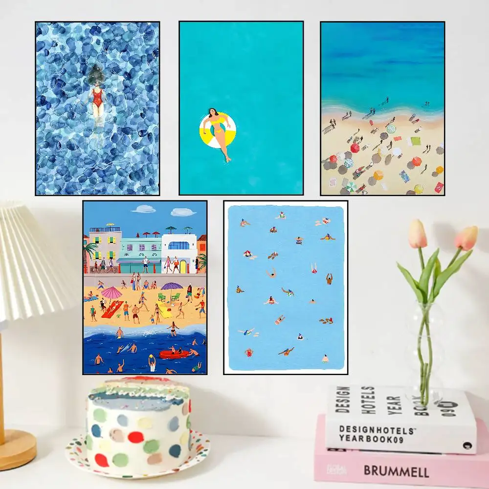 Summer Sea Swim Posters Living Room Bar Cafe Quality Canvas Vintage Style Comics Painting Art Home Wall Decor Picture