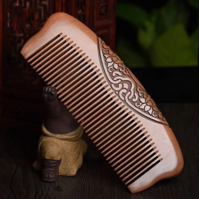 

Double-sided carving pocket wooden comb Natural sandalwood ultra-fine tooth wooden comb Anti-static hair loss massage comb