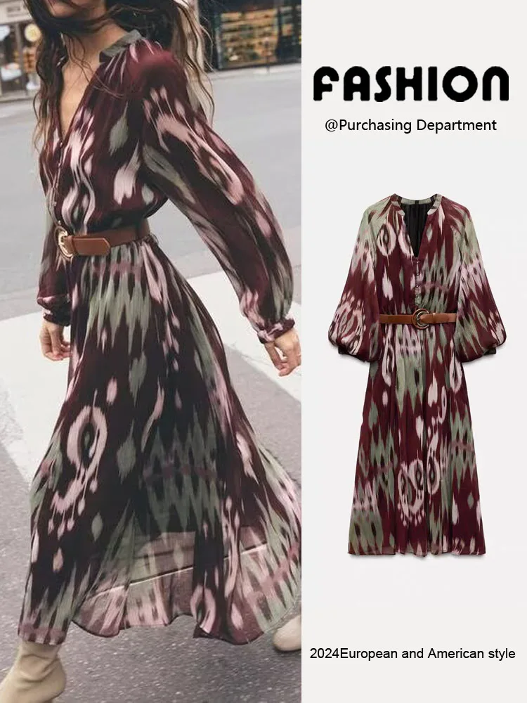 Spring New Arrival Women's Dr ZA2025 with Belt Waist Cinching Silk Satin Feel Good Quali Faionable Ethnic Sle