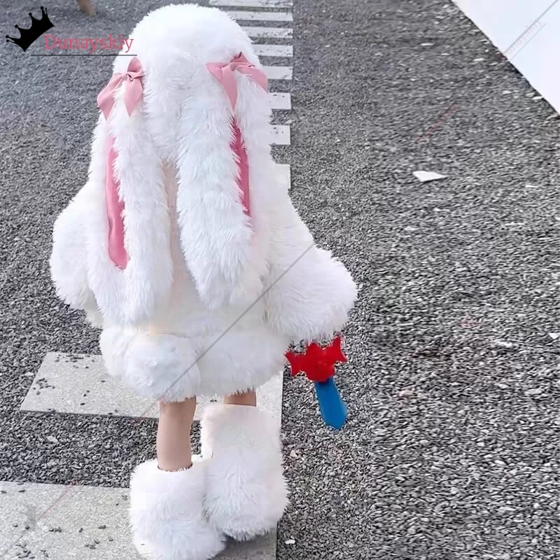 Child Kawaii Rabbit Ears Furry Cosplay Clothes Winter Hoodies Warm Zip-up Casual Suit Lolita Hoodie Long Sleeve