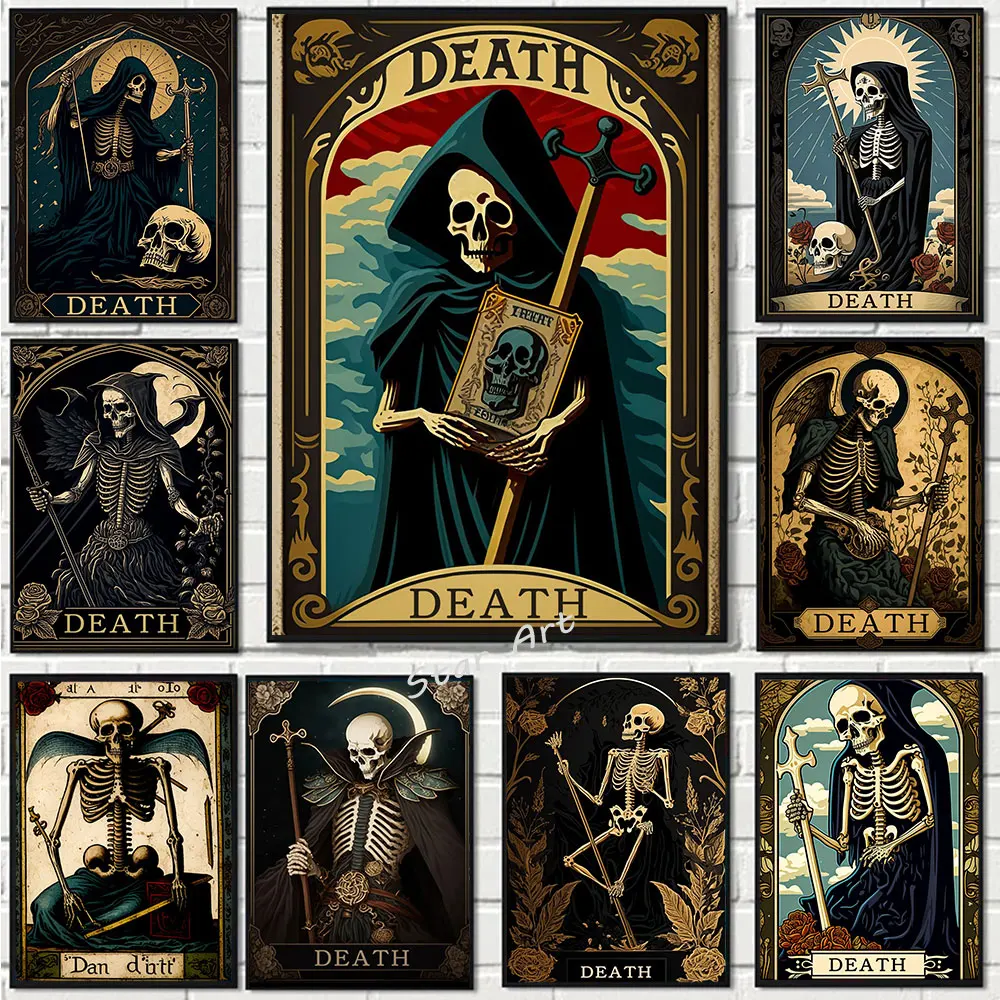 مجرّد الجماجم المعالج الملصقات والمطبوعات ، بطاقة الموت التارو ، قماش اللوحة ، جدار الفن صور لغرفة ، ديكور المنزل هدية #1