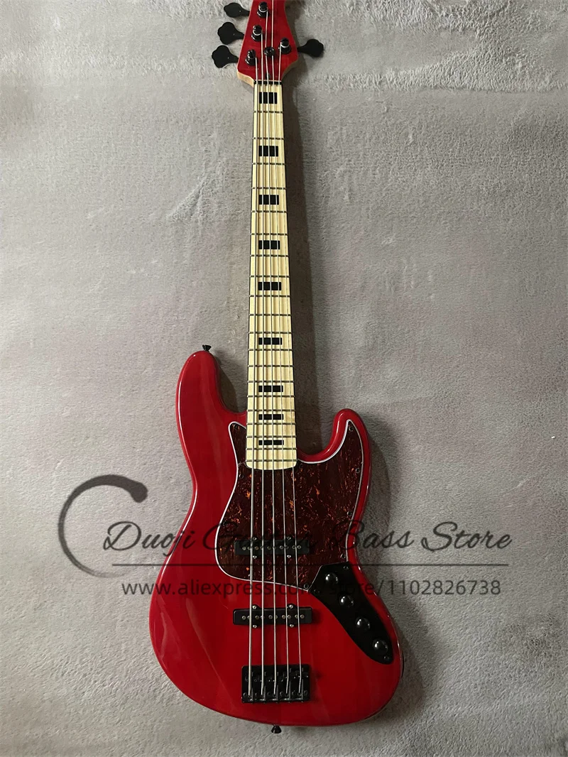 5 Strings Red Electric Bass Solid Body  Maple Fingerboard Active Battery Red Tortoise Shell Guard Factory Custom