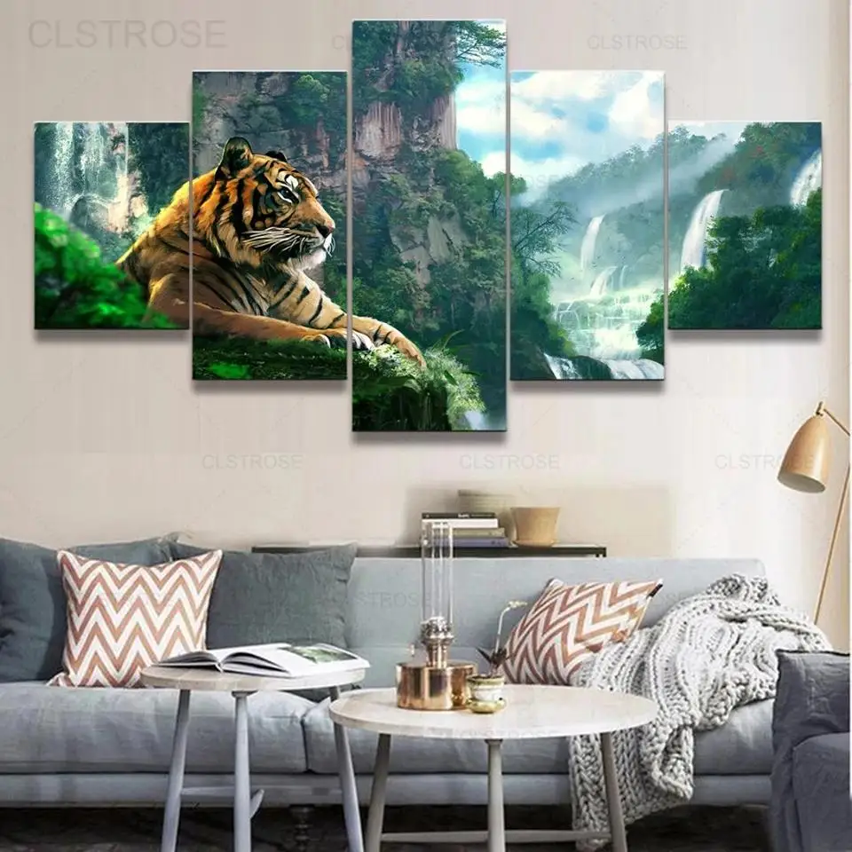 

5 Piece Canvas Prints Landscape Mountain Animal Tiger Poster Wall Art Canvas Painting Modern Home Decoration Living Room Bedroom