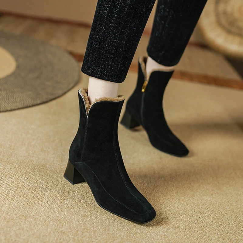 NEW Winter Boots Women Sheep Suede Leather Shoes for Women Square Toe Chunky Heel Shoes Zip Modern Boots Black Wool Warm Boots