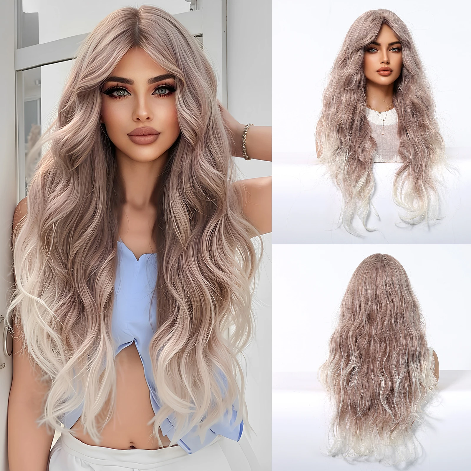 Long Curly Wigs Brown to Blonde Water Wavy Synthetic Wig With Medium Part Bangs For Women Daily Party Cosplay Use Heat Resistant