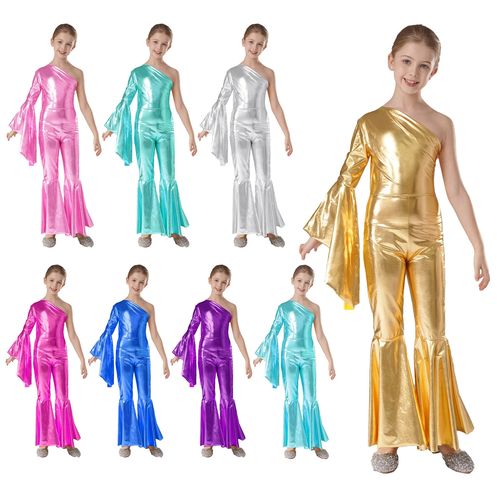 Kids Girls Romper Shiny Metallic One Shoulder Flare Sleeve Bodysuit Dance Jumpsuit Prom Pageant Party Dance Catsuit Dancewear