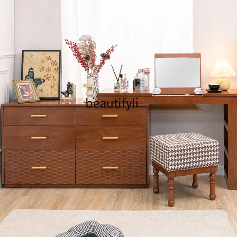 Retro style dresser, chest, integrated bedroom, retractable storage cabinet, makeup table, flip cover makeup table