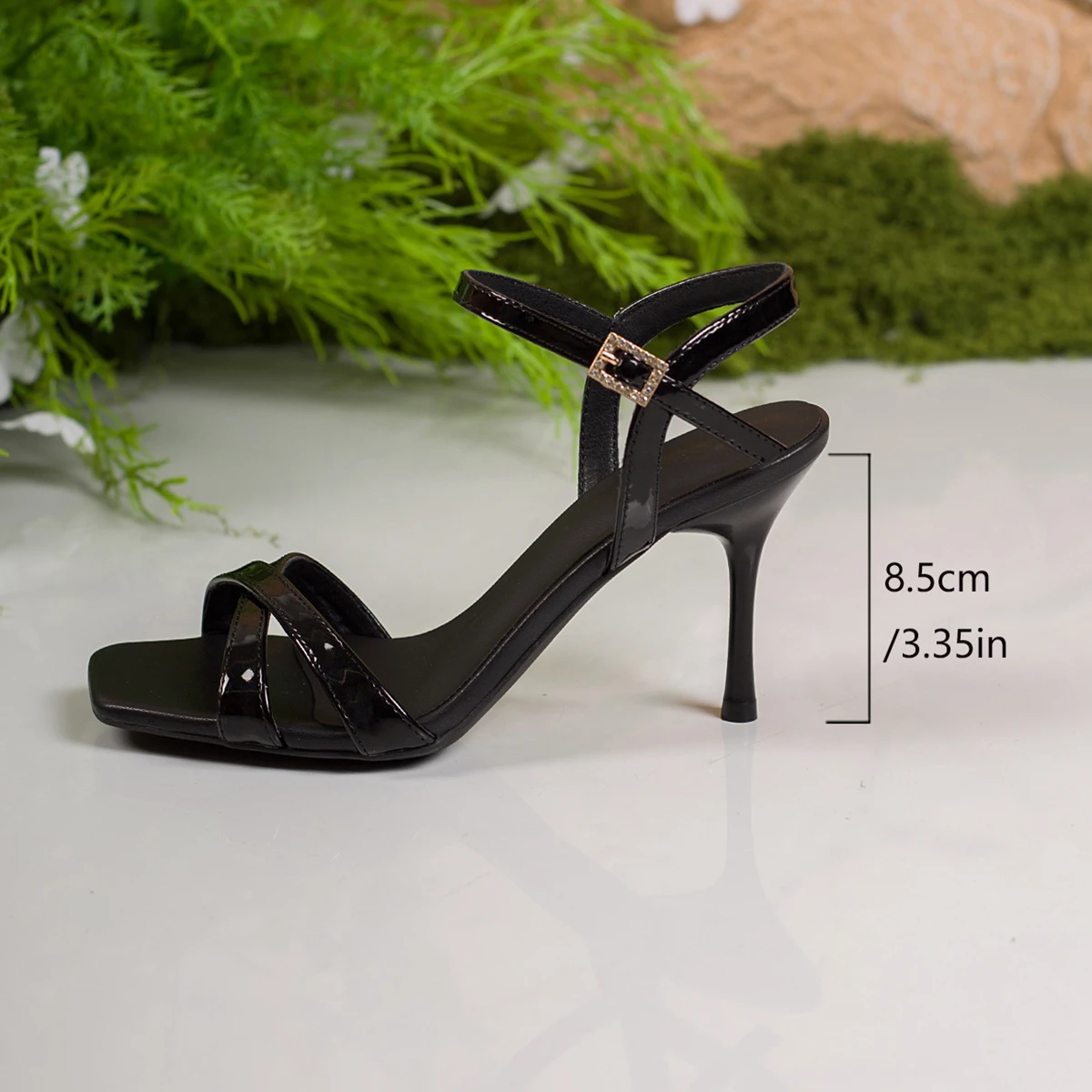 Women Crisscross Strap Square Toe Sandals Rhinestone Square Buckle Ankle Strap Stiletto Heel Wedding Party Evening Dress Heels view 6