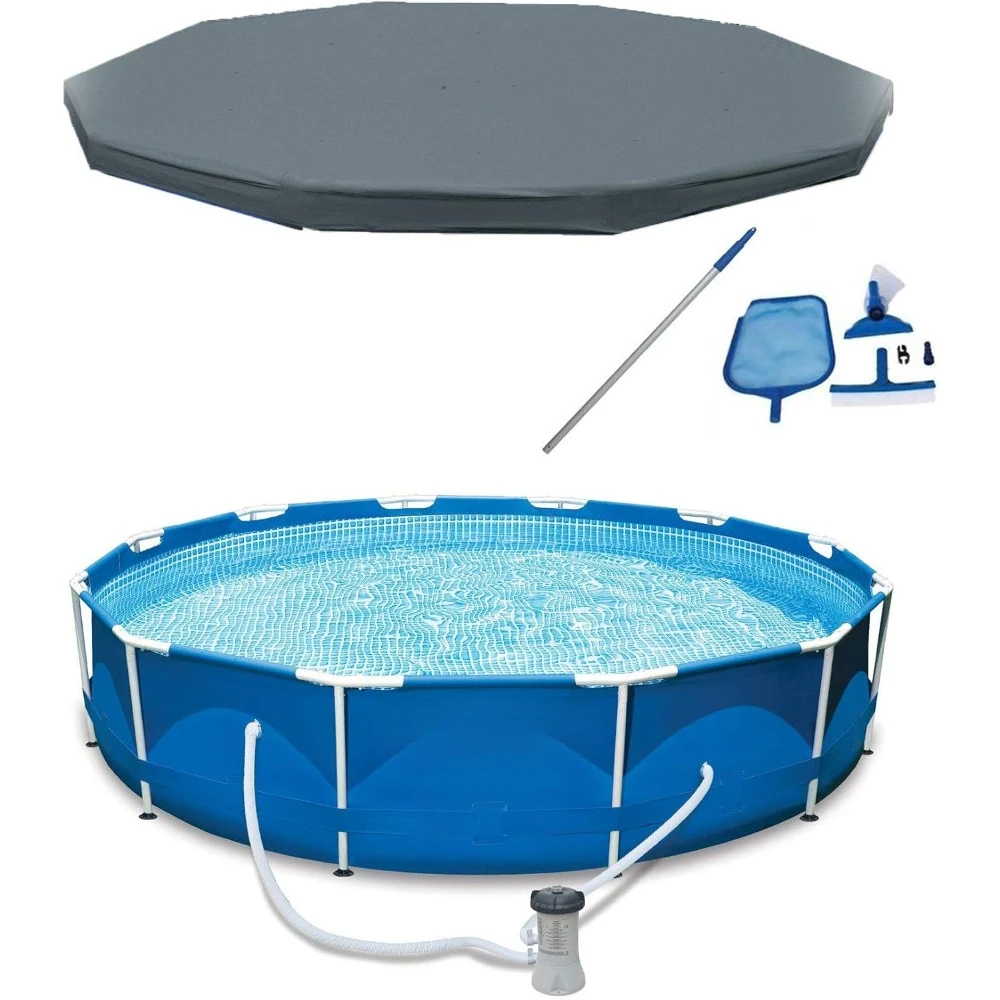 12 x 2.5Foot Metal Frame Above Ground Swimming Pool,Type A Filter, Protective Cover,Maintenance Kit with Vacuum Skimmer and Pole