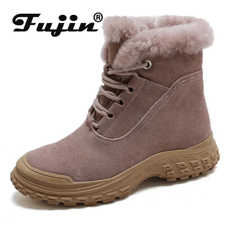 

Fujin 4cm Platform Wedge ZIP Women Winter Shoes Warm Ankle Women Snow Boot Comfy Genuine Leather Suede Natural Fur Flats Booties