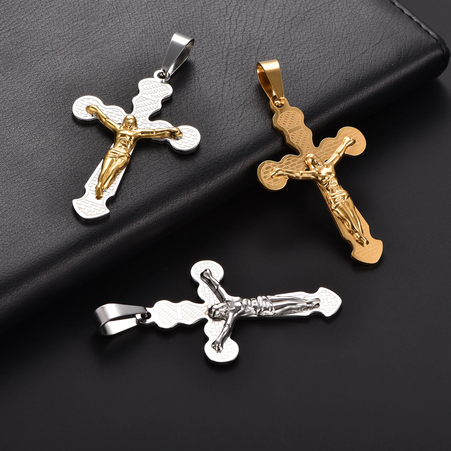 Herren Damen Kreuz Jesus Kruzifix Edelstahl Anhänger Silber Gold Farbe Religiöse Gebetsanhänger Kette Schmuck für DIY Halskette – Detail 5