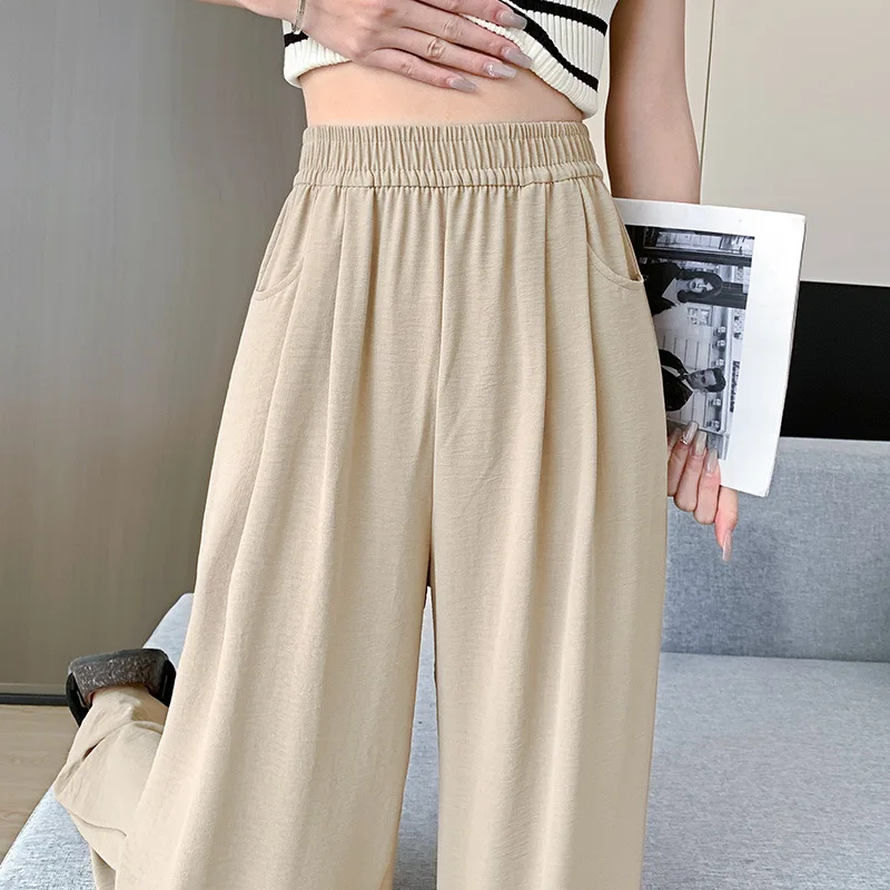 Ice Silk Wide-Leg Pants Women Cool Sweatpants Summer Thin Pleat Loose Straight Pants Office Lady Casual Long Trousers NS5856