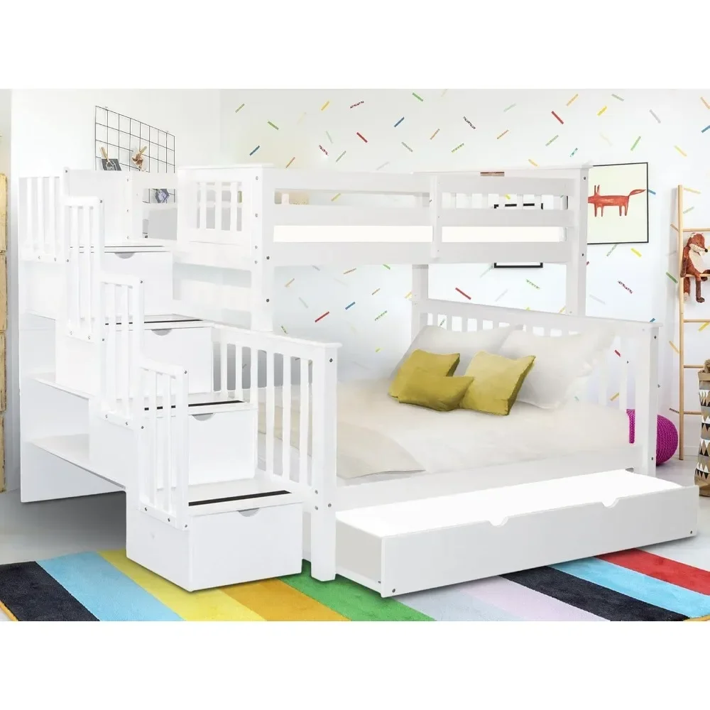 Bunk Bed, King Stairway Bunk Beds Twin Over Full with 4 Drawers in The Steps and A Twin Trundle, Wood Bunk Bed Frame