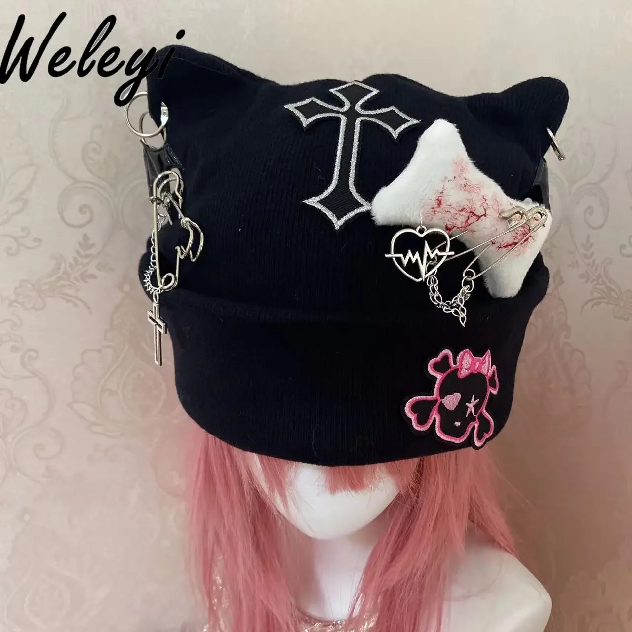 Y2K Girl Goth Punk Cat Ear Knitted Hat for Women Autumn and Winter New Subculture Cool Warm Cross Skull Cute Black Wool Hats