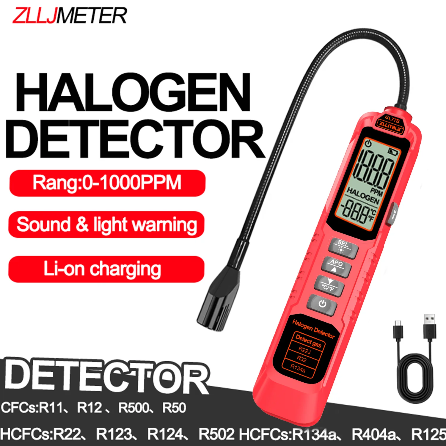 Detector de Fugas de Freón de Alta Sensibilidad, Detector de Fugas de Halógeno R22/R32/R134a, Monitor de Gas Refrigerante, Probador de Aire Acondicionado