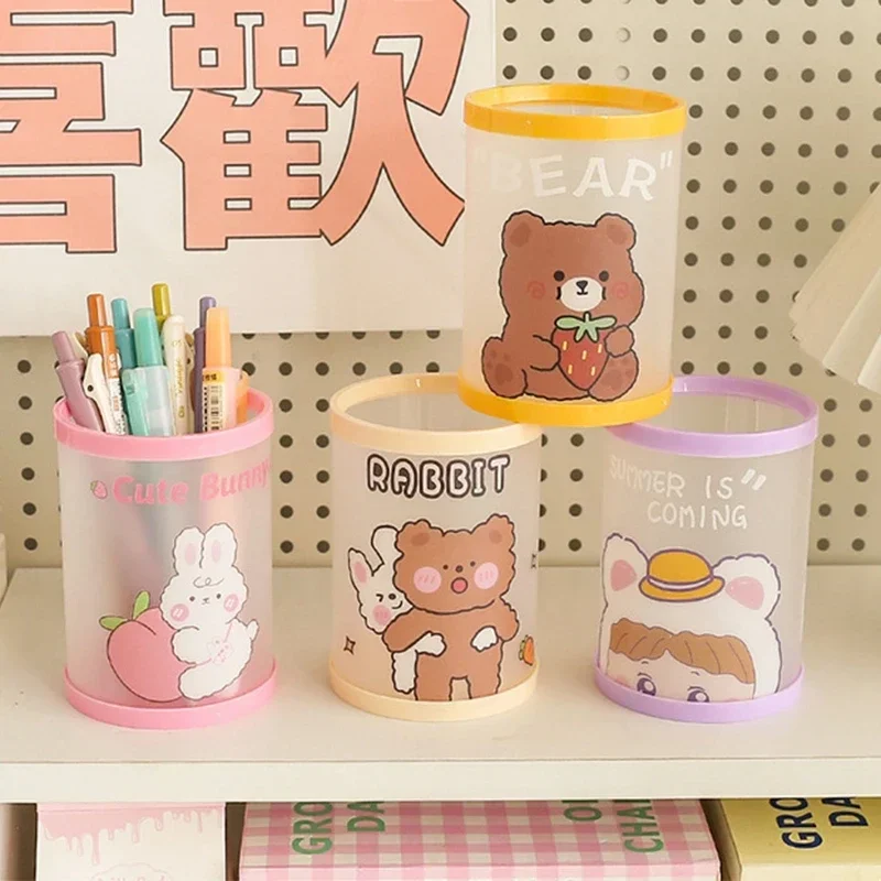 Kawaii Cartoon Pen Holder Desktop Organizer INS Transparent Pencil Case Cosmetics Brush Storage Box Home Decoration Accessories