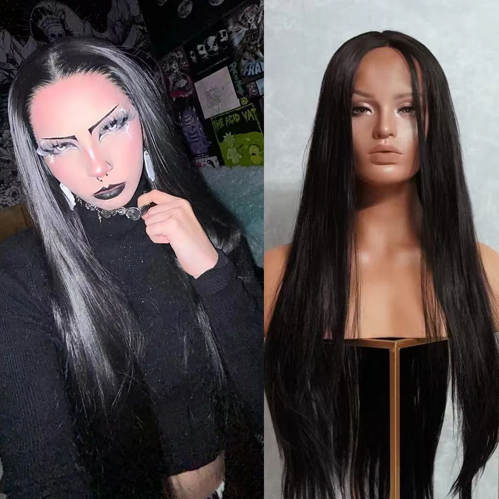 

Черный прямой парик для женщин, повседневное использование, шелковый прямой синтетический парик 1B, черные натуральные волосы, термостойкое волокно, парики спереди