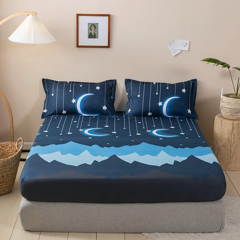 1pc Fitted Sheet Summer Mattress Cover With Elastic Rubber Band Bed Linens Moon Blue Bedclothes Bedspread Home Textile 120*200